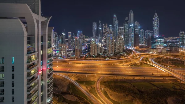 Panorama Dubai Marina Showing Highway Intersection Spaghetti Junction Night Illuminated —  Fotos de Stock