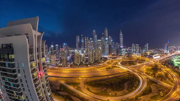 Panorama Dubai Marina Sunset Highway Intersection Spaghetti Junction Day Night — Stock fotografie