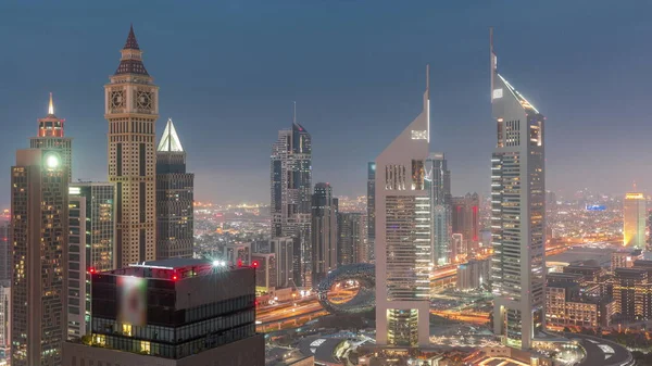 Skyscrapers Sheikh Zayed Road Difc Day Night Transition Dubai Uae — Fotografia de Stock