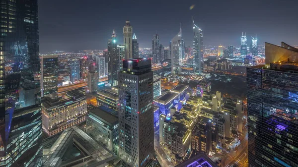 Panorama Futuristic Skyscrapers Sunset Financial District Business Center Dubai Sheikh — Zdjęcie stockowe