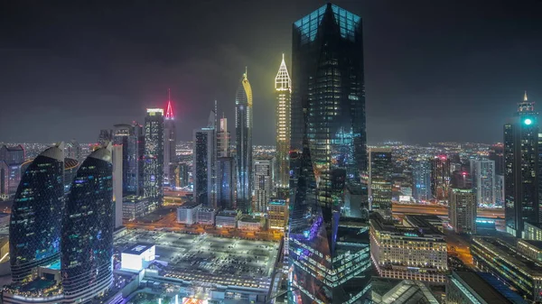 Панорама Футуристичних Хмарочосів Фінансовому Діловому Центрі Дубаї Ніч Шейх Заєд — стокове фото