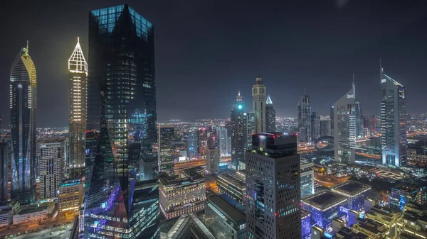Panorama Arranha Céus Futuristas Centro Negócios Distrito Financeiro Dubai Noite — Fotografia de Stock