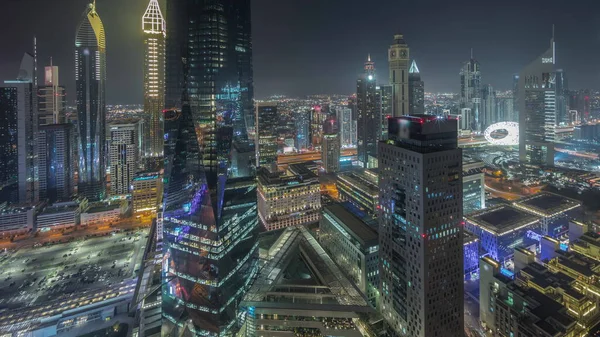 Панорама Показує Футуристичні Хмарочоси Фінансовому Діловому Центрі Дубаї Шейх Заєд — стокове фото
