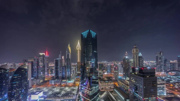 Panorama Rascacielos Futuristas Centro Negocios Del Distrito Financiero Dubai Noche —  Fotos de Stock