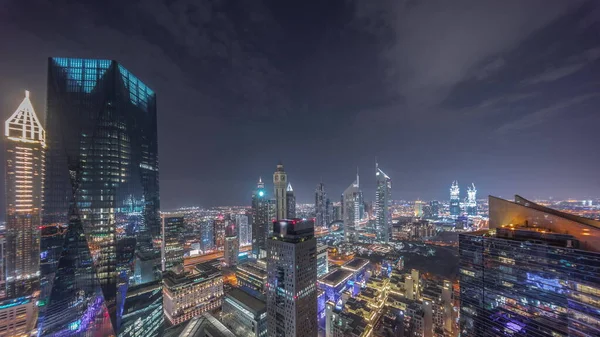 Panorama Rascacielos Futuristas Centro Negocios Del Distrito Financiero Dubai Noche — Foto de Stock