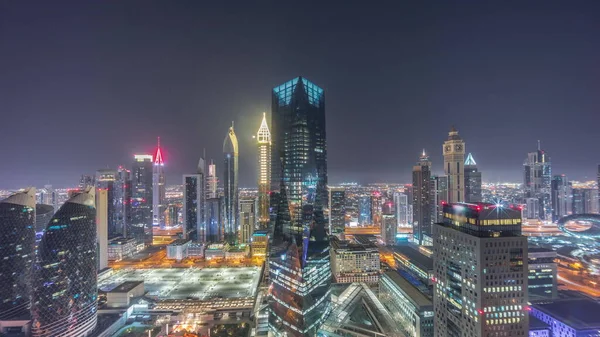 Panorama Futuristic Skyscrapers Financial District Business Center Dubai Sheikh Zayed — Stok fotoğraf