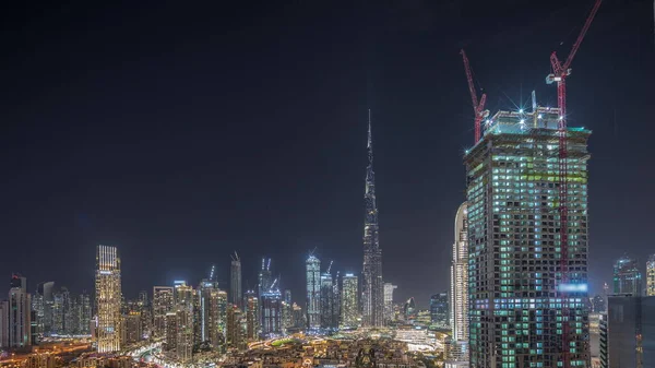 Dubai Downtown Nacht Met Hoogste Wolkenkrabber Andere Verlichte Torens Met — Stockfoto