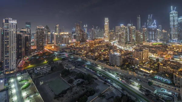 Dubai Business Bay Downtown Towers Aerial Night Inglés Vista Panorámica —  Fotos de Stock