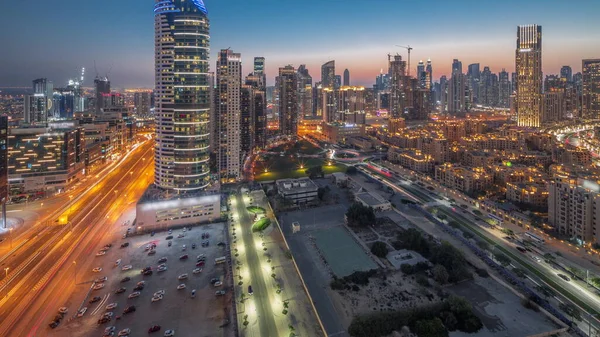 Panoramic View Dubai Business Bay Towers Aerial Day Night Transition —  Fotos de Stock