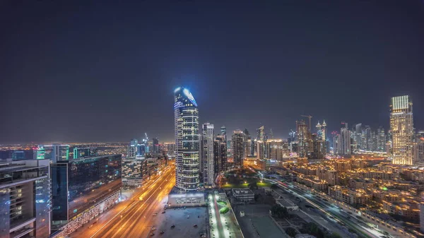 Dubai Business Bay Torres Panorama Noite Aérea Vista Para Telhado — Fotografia de Stock