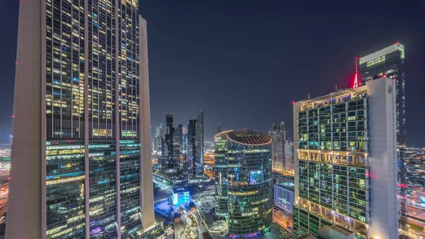 Dubai Centro Financiero Internacional Rascacielos Paseo Marítimo Una Noche Aérea —  Fotos de Stock