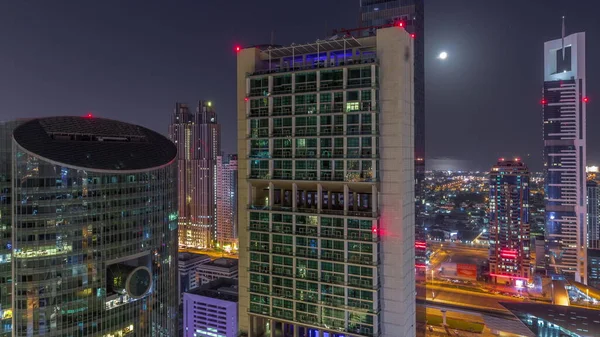 Dubai Nemzetközi Pénzügyi Központ Felhőkarcolók Légi Egész Éjjel Világító Tornyok — Stock Fotó