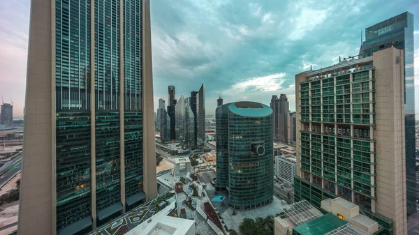 Dubai International Financial Center Skyscrapers Panorama Aerial Night Day Transition —  Fotos de Stock