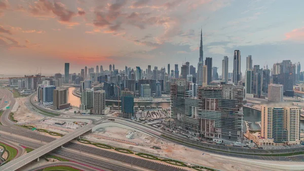 Skyline Modern Architecture Dubai Business Bay Towers Downtown Sunset Aerial — Stok fotoğraf
