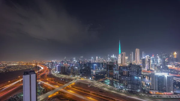 Skyline Panorámico Dubai Con Bahía Negocios Noche Del Centro Distrito —  Fotos de Stock