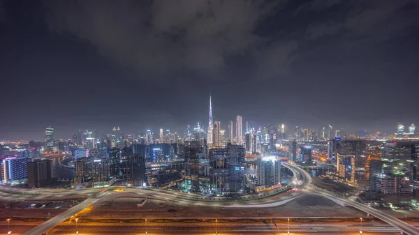 Skyline Πανόραμα Του Ντουμπάι Επιχειρηματικό Κόλπο Και Downtown District Νύχτα — Φωτογραφία Αρχείου
