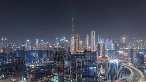 Panoramiczna Panorama Dubaju Zatoką Biznesową Nocą Dzielnicy Śródmieścia Widok Lotu — Zdjęcie stockowe