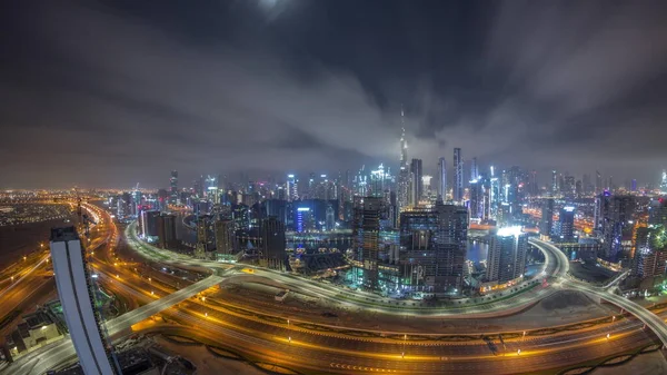 Panoramautsikt Över Dubai Med Business Bay Och Centrum Hela Natten — Stockfoto
