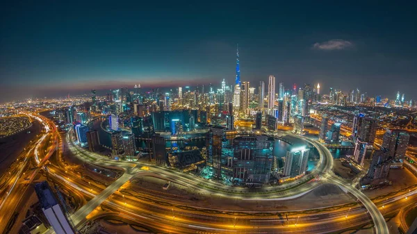 Panoramic Skyline Dubai Business Bay Downtown District Day Night Aerial — Zdjęcie stockowe