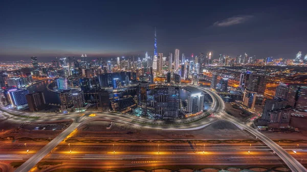 Красивый Небосклон Дубая Деловым Заливом Центральным Районом Днем Ночью Вид — стоковое фото