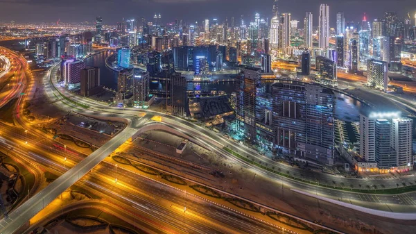 Panorama Showing Skyline Dubai Business Bay Downtown District Night Aerial — Stockfoto