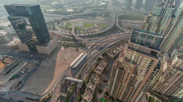 Dubai Kikötő Jlt Felhőkarcolók Mentén Sheikh Zayed Road Légi Panoráma — Stock Fotó