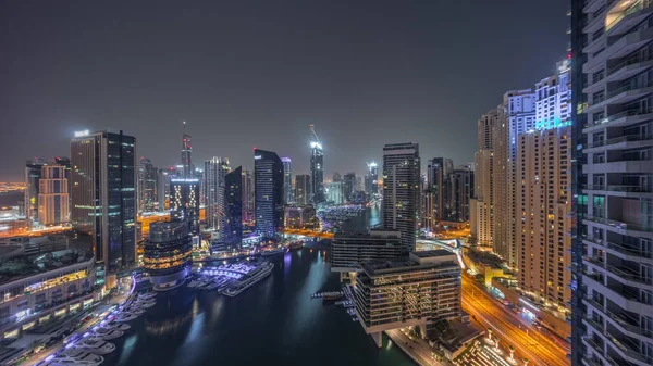 Aerial View Dubai Marina Illuminated Skyscrapers Canal Floating Yachts All — Stock Photo, Image