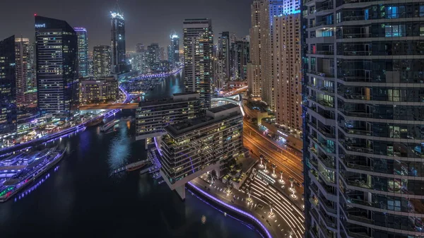 Panorama Showing Aerial View Dubai Marina Illuminated Skyscrapers Canal Floating — Photo