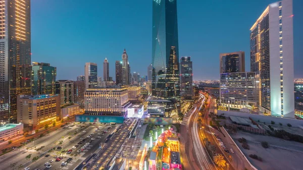 Dubai Nemzetközi Pénzügyi Körzet Éjjel Nappal Panorámás Légi Kilátás Parkoló — Stock Fotó