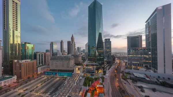 Dubai International Financial District Night Day Transition Panoramic Aerial View — Foto Stock