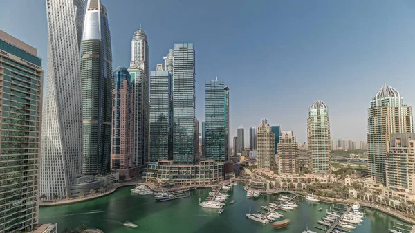 Panorama Showing Dubai Marina Tallest Skyscrapers Yachts Harbor Aerial View — Stockfoto