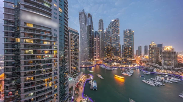 Dubai Marina Tallest Skyscrapers Glowing Windows Yachts Harbor Aerial Night — Stock Photo, Image