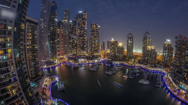 Dubajský Přístav Nejvyšší Mrakodrapy Panorama Jachty Přístavu Letecký Den Noc — Stock fotografie