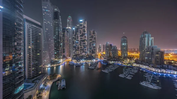Dubai Marina Tallest Skyscrapers Yachts Harbor Aerial All Night Panoramic — Stock Photo, Image
