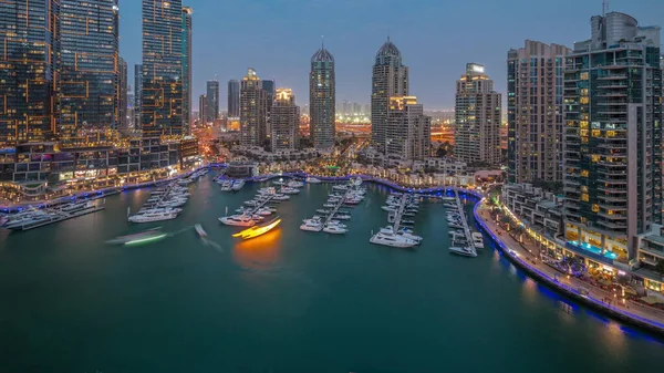 Luxus Jacht Öböl Város Légi Nappal Éjjel Nappal Átmenet Dubai — Stock Fotó