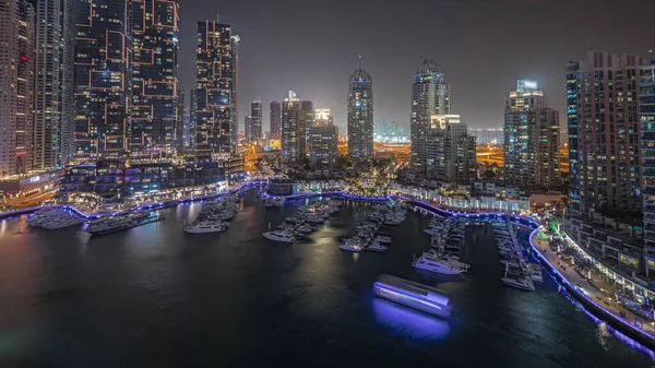 Panorama Showing Luxury Yacht Bay City Aerial Night Dubai Marina — Stockfoto