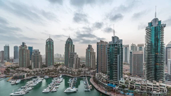 Luxury Yacht Bay City Aerial Night Day Transition Dubai Marina — Foto de Stock