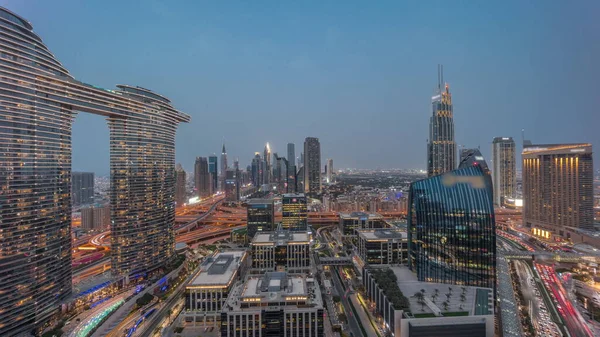 Fütürist Dubai Şehir Merkezi Finans Bölgesi Panoramik Gökyüzü Gününden Geceye — Stok fotoğraf