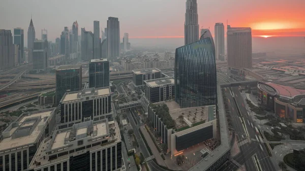 Futuristic Dubai Downtown Finansial District Skyline Aerial Night Day Transition — Fotografia de Stock
