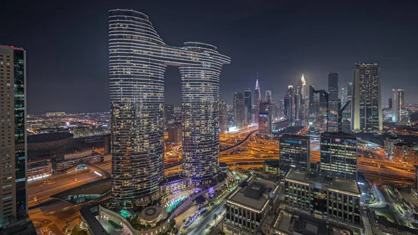 Panorama Showing Futuristic Dubai Downtown Finansial District Skyline Aerial Night — Stockfoto