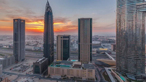 Sky View Skyscrapers Sunset Dubai Downtown Aerial Modern Architecture Orange — Fotografia de Stock