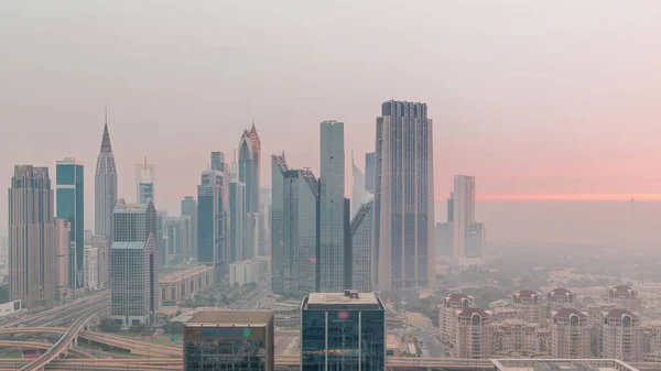 Panorama Dubai Financial Center District Tall Skyscrapers Illumination Night Day —  Fotos de Stock