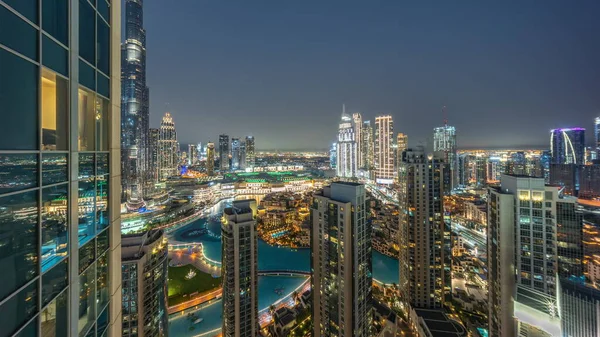 Dubai Downtown Fountains Modern Futuristic Architecture Aerial Day Night Transition — Photo
