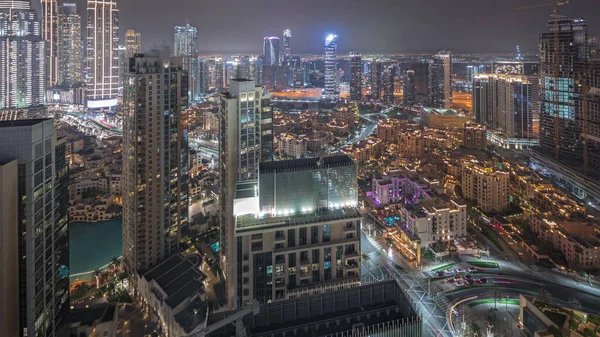 Panorama Showing Aerial View Big Futuristic City Night Business Bay — Fotografia de Stock