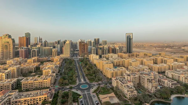 Panorama Showing Skyscrapers Barsha Heights District Low Rise Buildings Greens — Stok fotoğraf