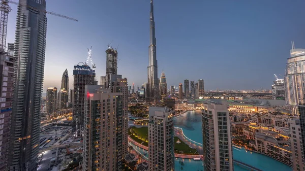 Panorama Dubai Downtown Cityscape Tallest Skyscrapers Aerial Day Night Transition — Stock Photo, Image