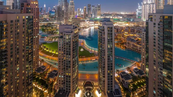 Dubai Downtown Cityscape Tallest Skyscrapers Fountain Aerial Day Night Transition — Stock fotografie