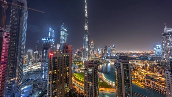 Dubai Downtown Cityscape Tallest Skyscrapers Aerial Panoramic All Night Construction — Stock Photo, Image