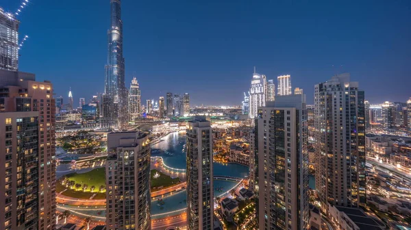 Dubai Downtown Cityscape Tallest Skyscrapers Aerial Day Night Transition Sunset — Stock Photo, Image