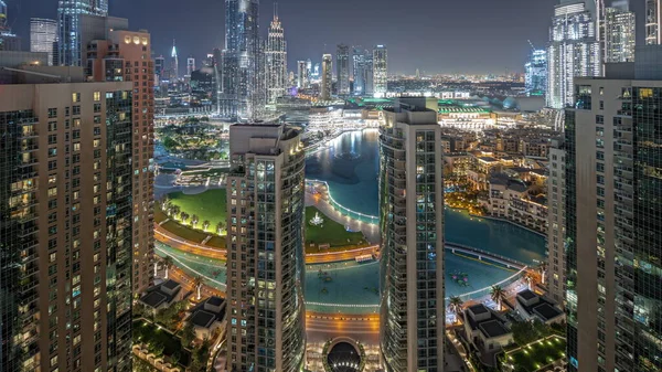 Panorama Showing Dubai Downtown Cityscape Tallest Skyscrapers Aerial Night Construction — Zdjęcie stockowe